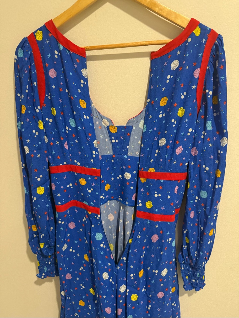 Coco Fennell Sea Shell Dirndl Midi Dress Blue Red Trim 6 Vintage Inspired - Picture 8 of 9